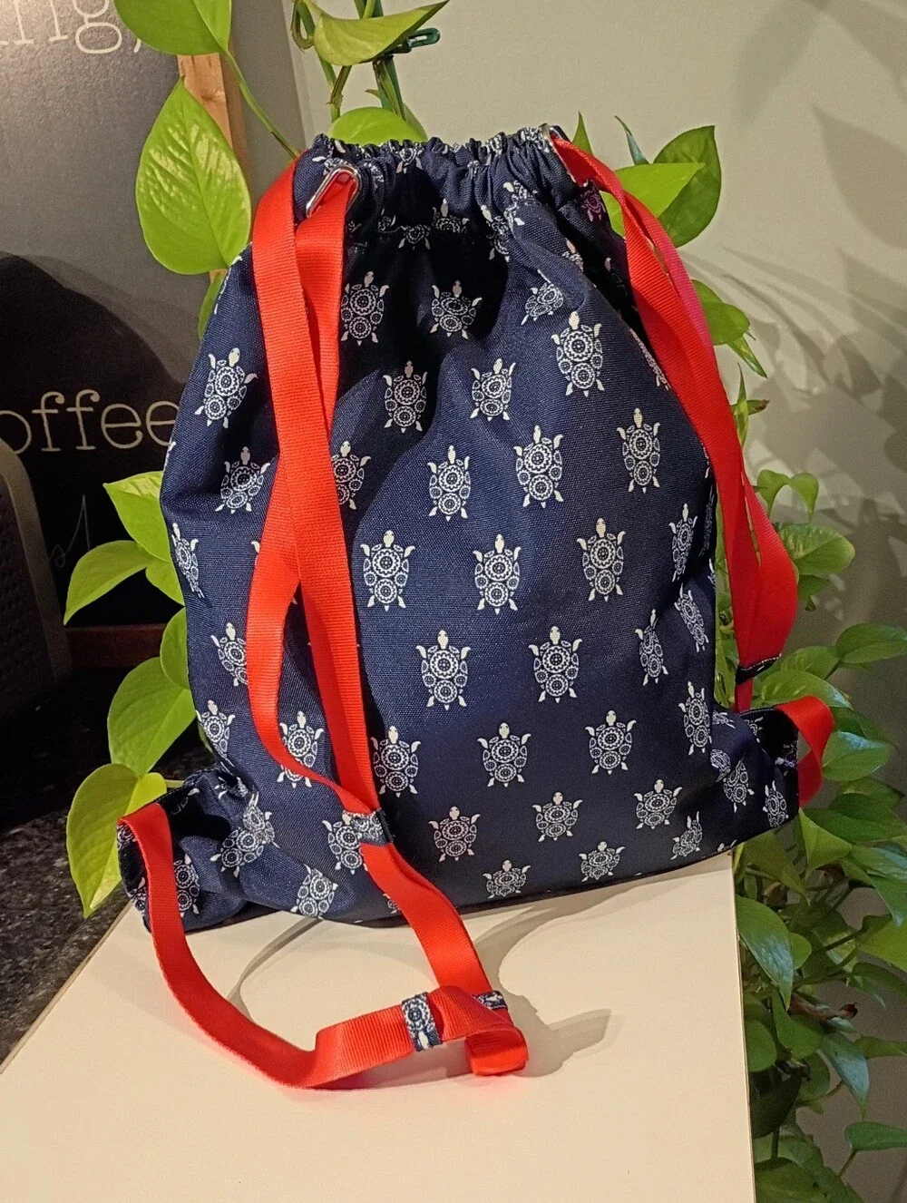 Vera Bradley Navy Drawstring Backpack with Red Trim